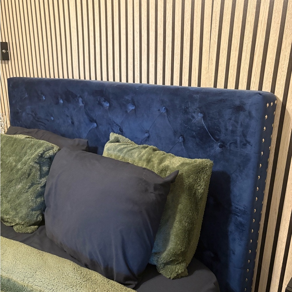 Navy Blue Velvet Headboard with Studded Trim